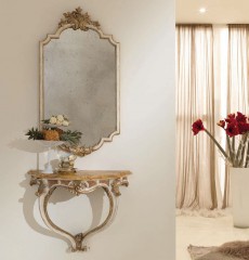 Высокое фигурное зеркало в бело-золотистой раме с резьбой - msvgf/0383