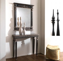 Строгое прямоугольное зеркало черного цвета с рельефной резьбой - msvgf/0376