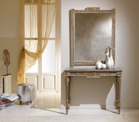 Серое зеркало в раме с фигурными элементами с резьбой - msvgf/0389