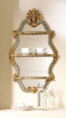 Фигурное зеркало с тремя полками в серой раме с золотой отделкой - msvgf/0099