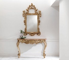Консоль с коричневой прямоугольной столешницей и светлым основанием с резьбой - msvgf/0403