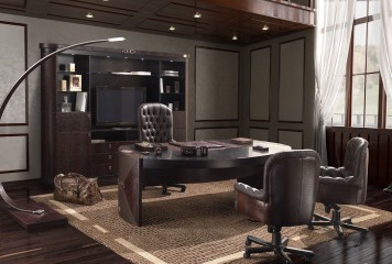 Темно-коричневый кабинет с мебелью в тисненой кожаной отделке - fmi/177