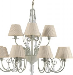 Двухъярусная люстра с 12 плетеными бежевыми абажурами и стеклянными подвесками - pzg/375