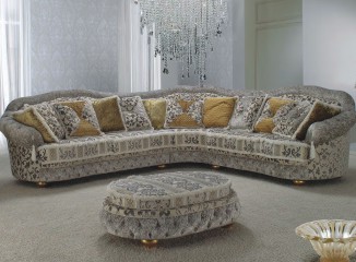 Серый угловой диван с узорчатым рисунком и золотыми ножками - mmego/0651