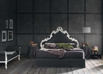 Черная кровать с фигурным изголовьем в белой резной отделке - bzt/160