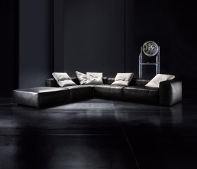 Черный кожаный диван с квадратным пуфом - erb/020